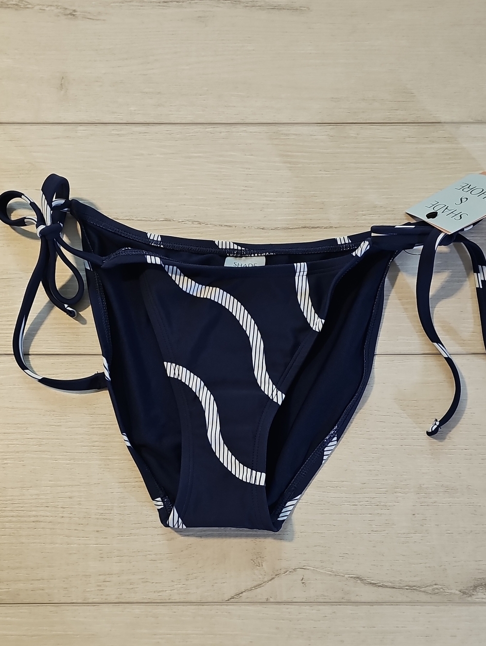 Shade & Shore Women's XS Side-Tie Navy Bikini Bottoms with White Squiggly Stripe